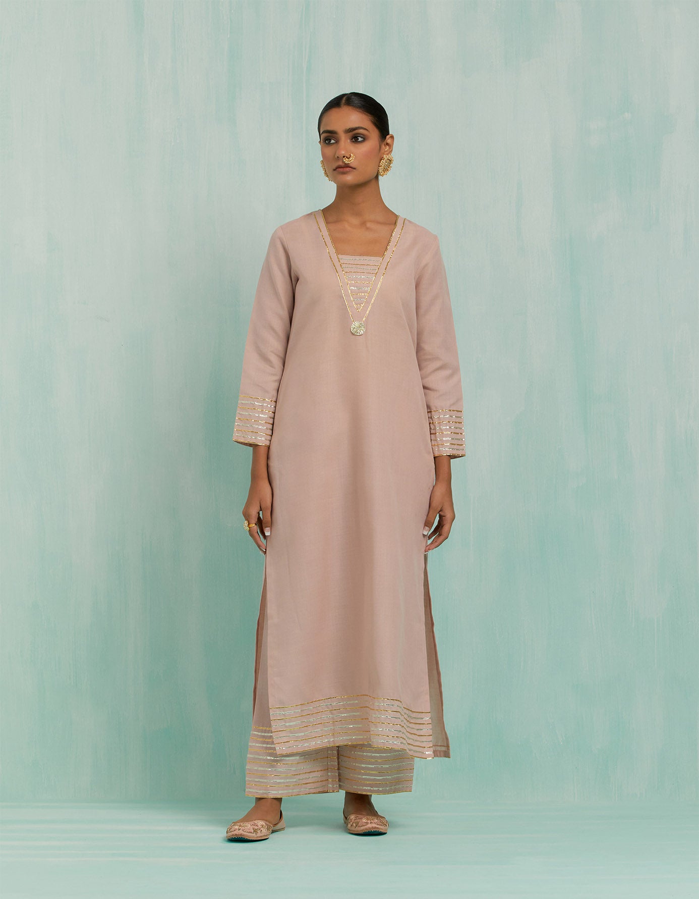 Pale Pink Rukhsaar Straight Kurta And Palazzo With Gold Silver Gota Details & Dupatta (Set Of 3)