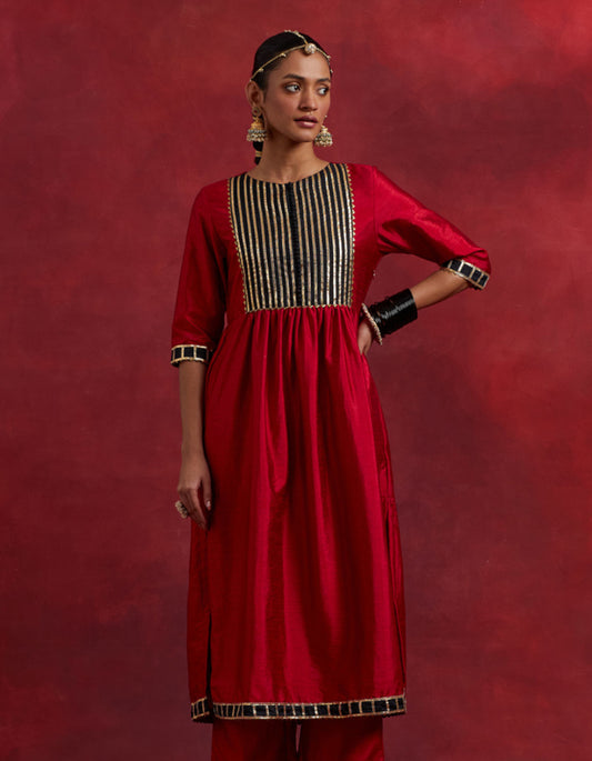 Red Black Raw Silk Gauhar Kurta