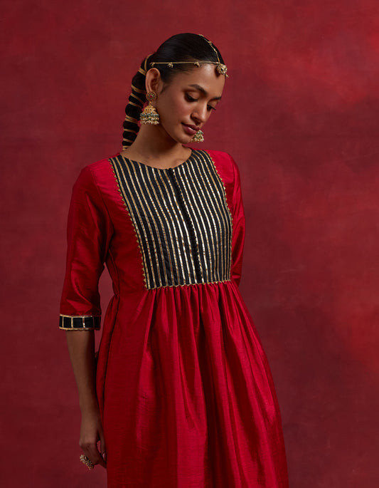 Red Black Raw Silk Gauhar Kurta