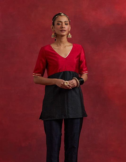 Red Black Raw Silk Sadhna Kurta