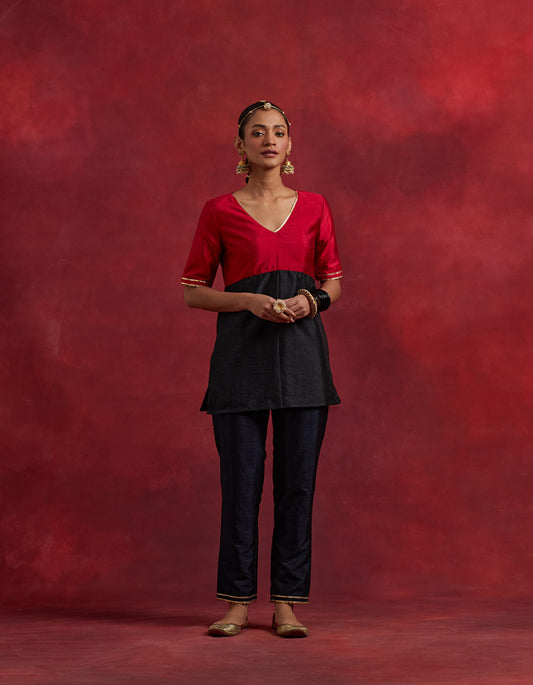 Red Black Raw Silk Sadhna Kurta Set (Set Of 3)