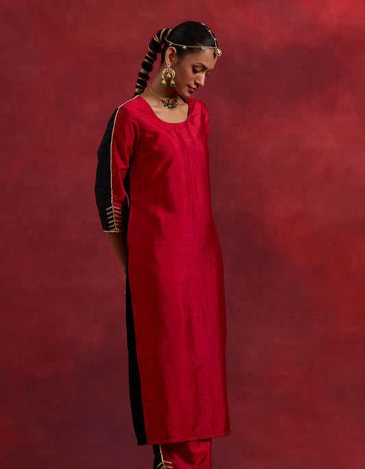 Red Black Raw Silk Half And Half Kurta