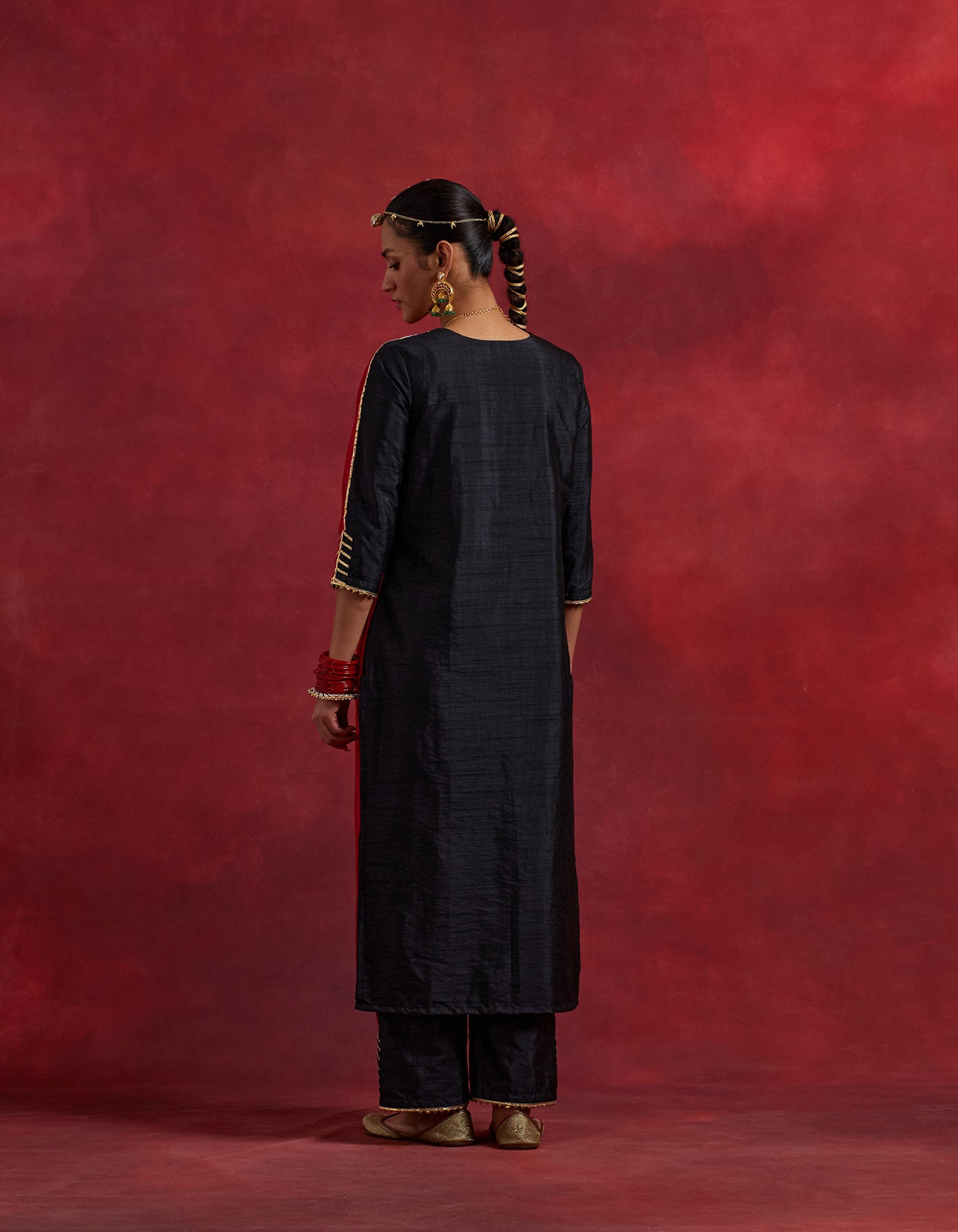 Red Black Raw Silk Half And Half Kurta