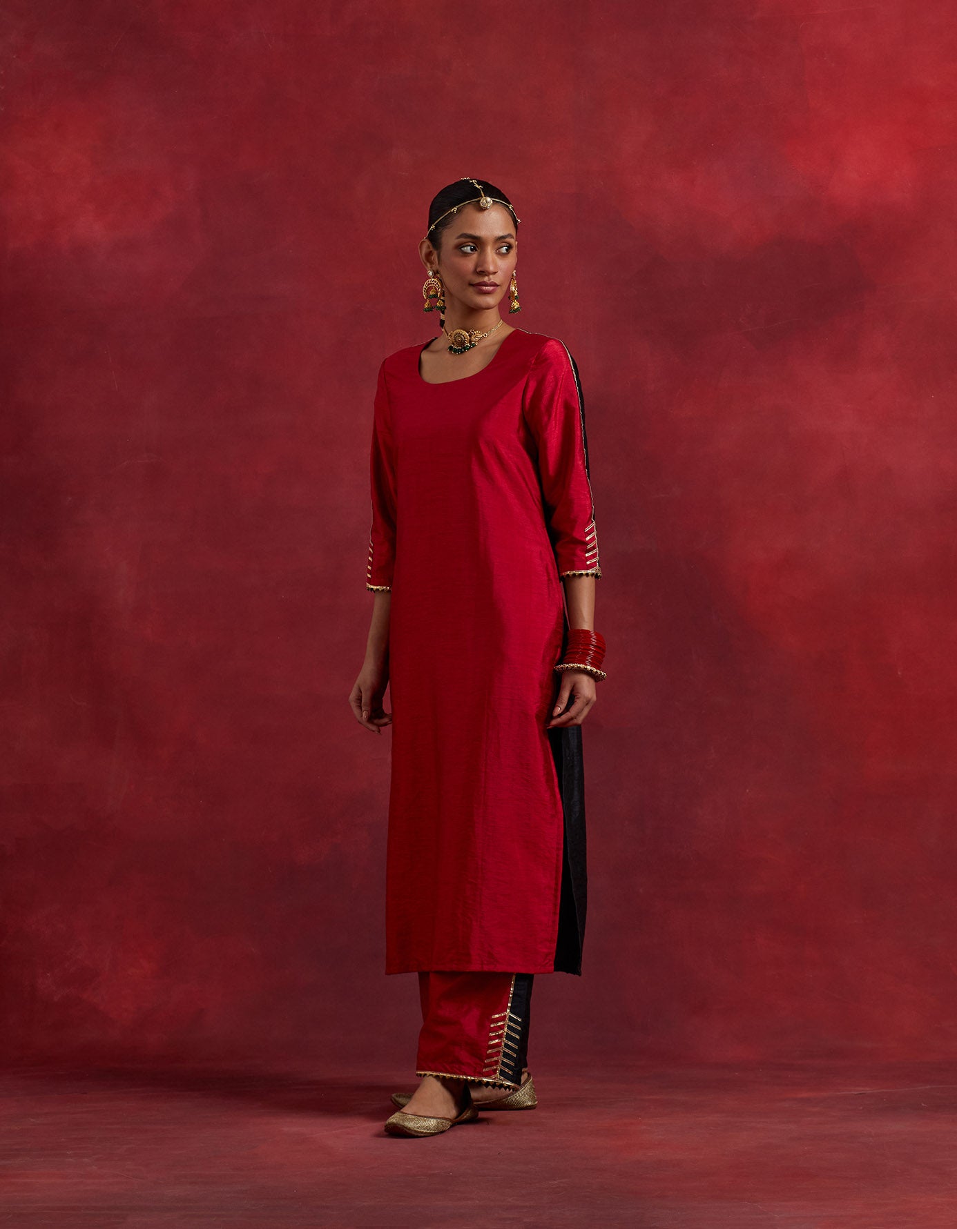 Red Black Raw Silk Half And Half Kurta