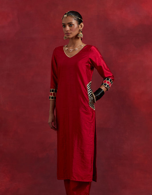 Red Black Raw Silk Mira Kurta