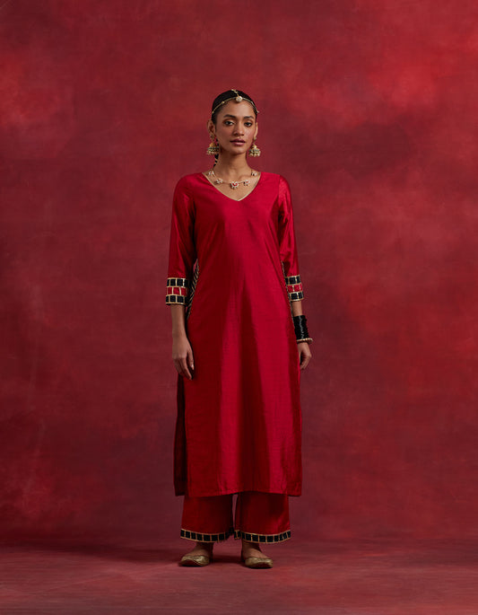 Red Black Raw Silk Mira Kurta Set (Set Of 3)