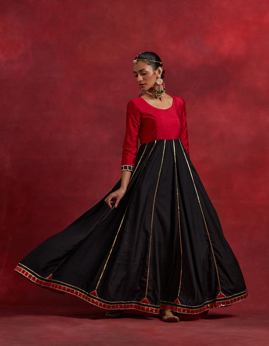 Red Black Raw Silk And Chanderi Ghoomar Kurta