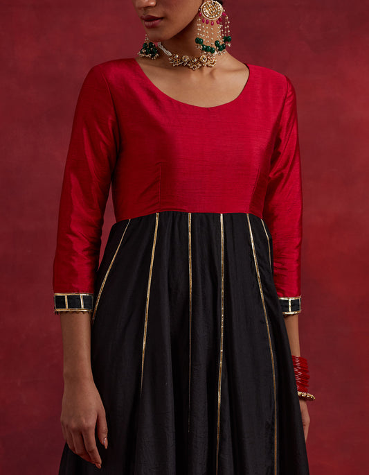 Red Black Raw Silk And Chanderi Ghoomar Kurta