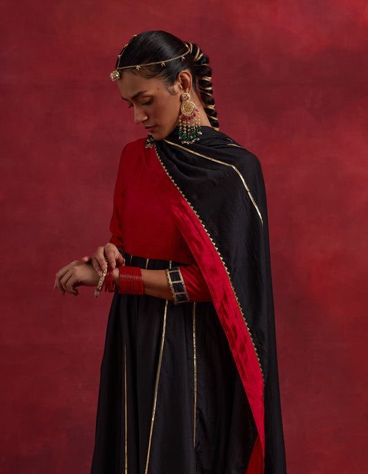 Red Black Raw Silk And Chanderi Ghoomar Kurta Set (Set Of 2)