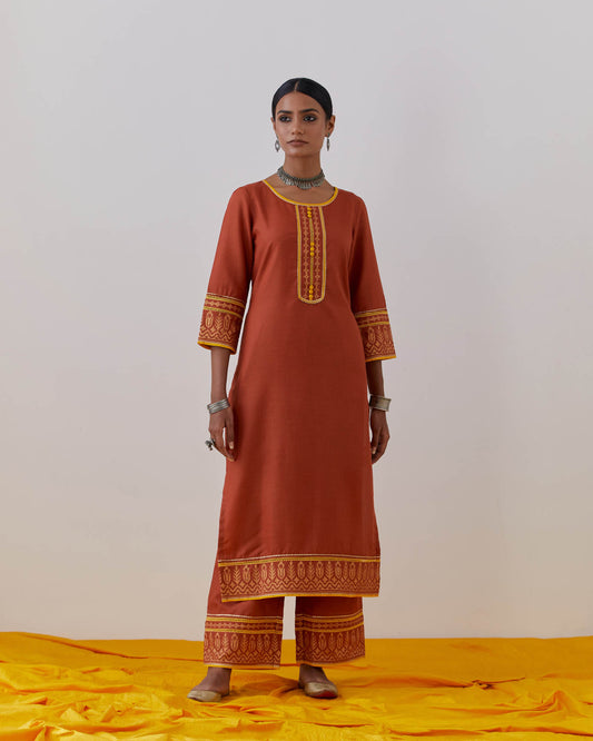 Rust Cotton Rozana Kurta Set (Set Of 3)