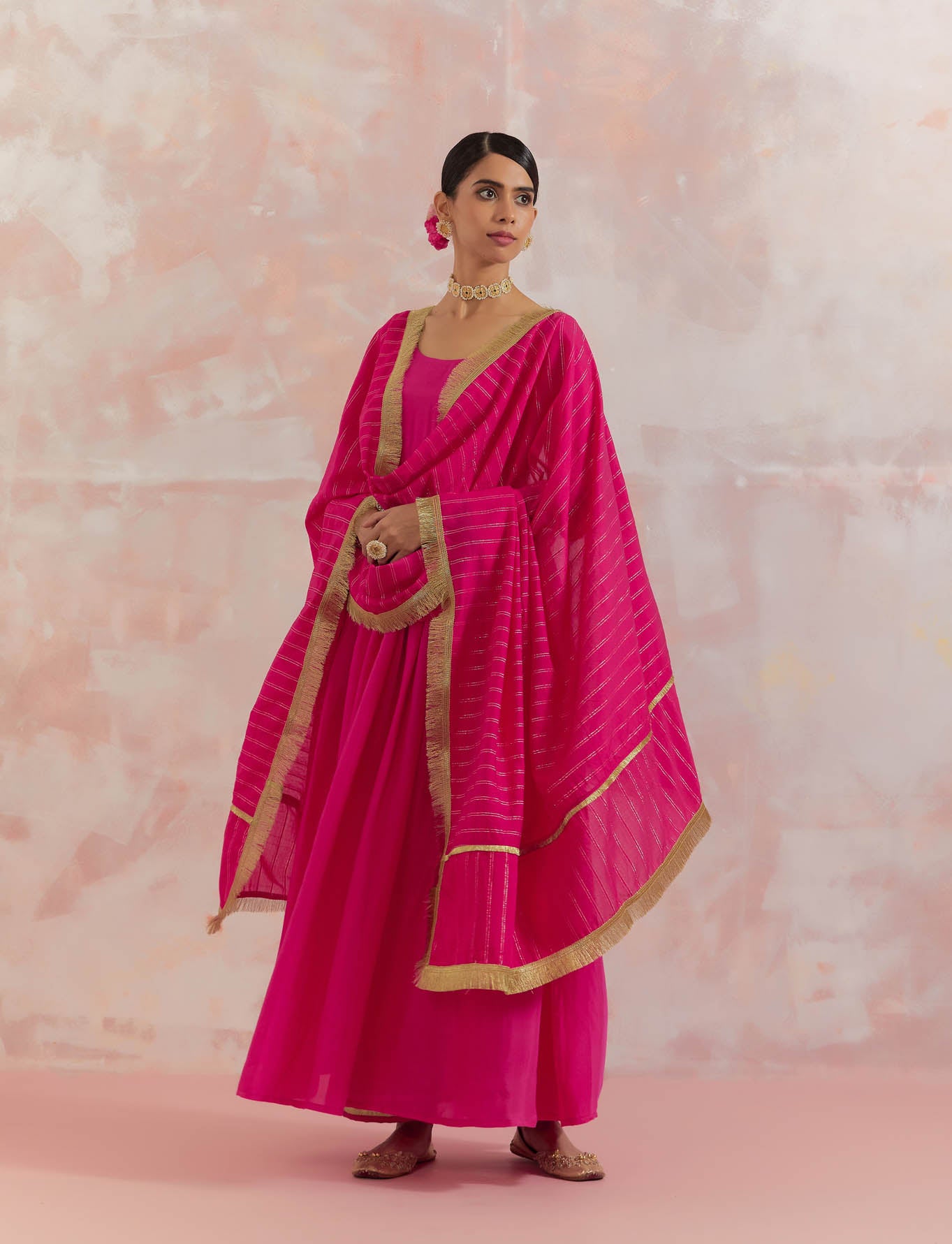 Pink Afreen Gathered Anarkali Kurta Set (Set Of 3)
