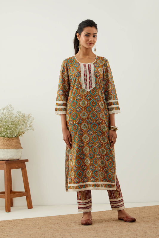 Mustard Cotton Printed Kurta with Pant (Set of 2)