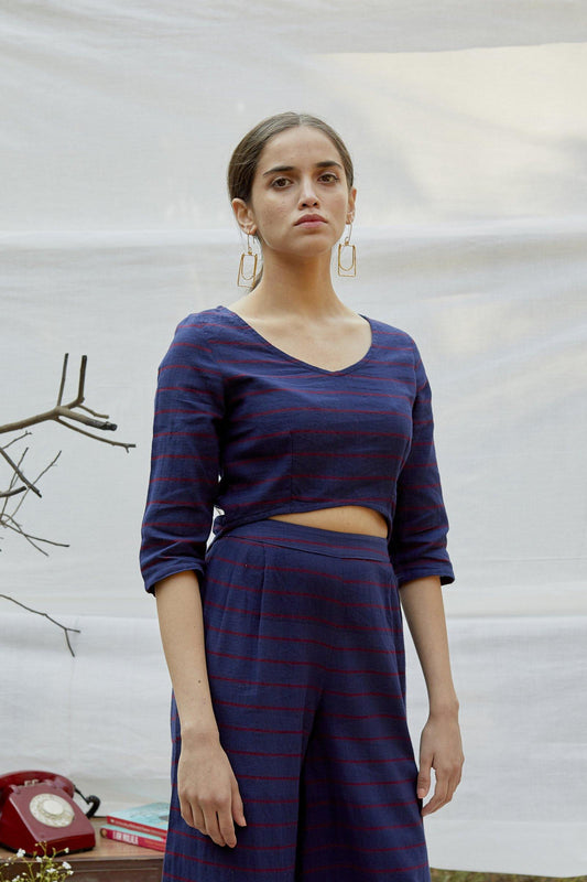 Blue Red Cotton Twill Stripe Co-ord set - The Indian Cause