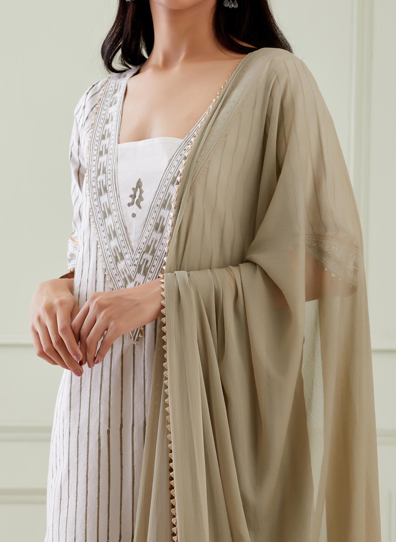 Stripe V Neck Yoke Kurta With Salwar And Dupatta(Set Of 3)-The Indian Cause
