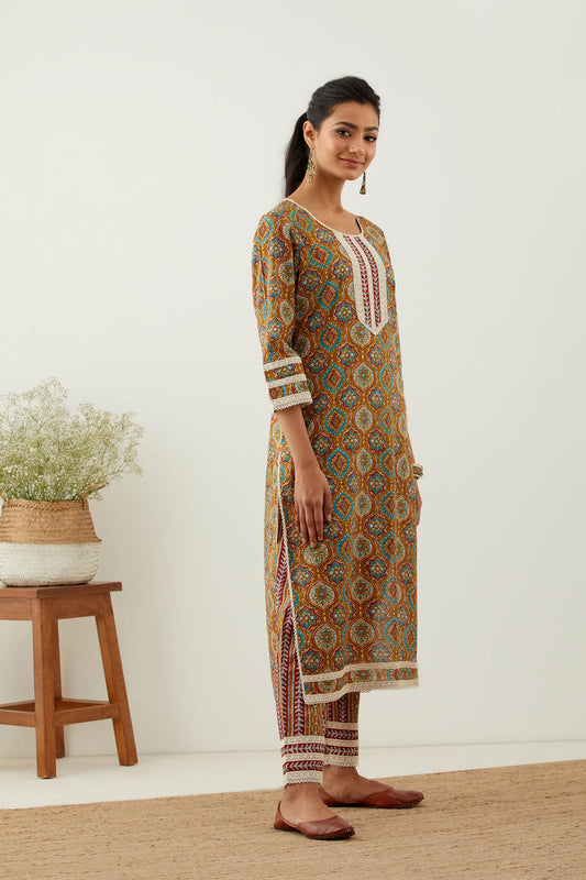 Mustard Cotton Printed Kurta with Pant (Set of 2)