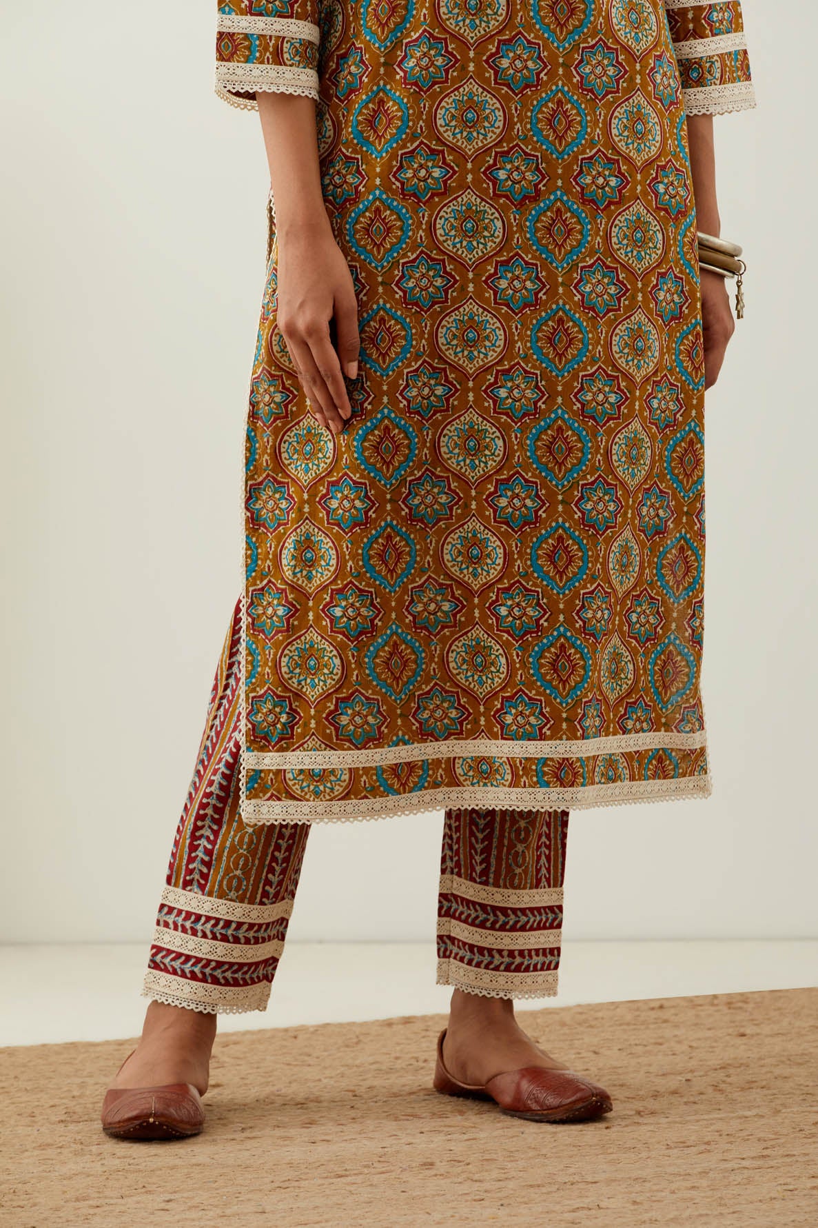 Mustard Cotton Printed Kurta with Pant (Set of 2)