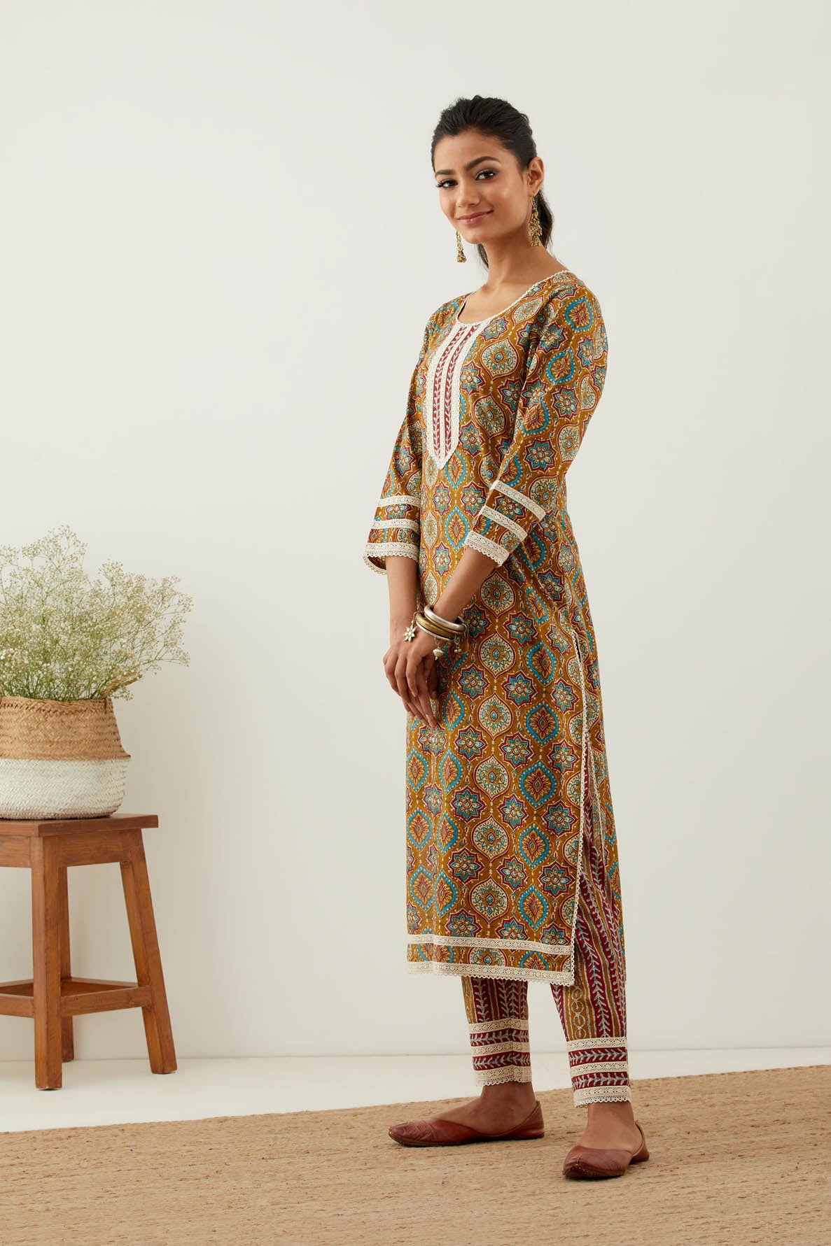 Mustard Cotton Printed Kurta with Pant (Set of 2)