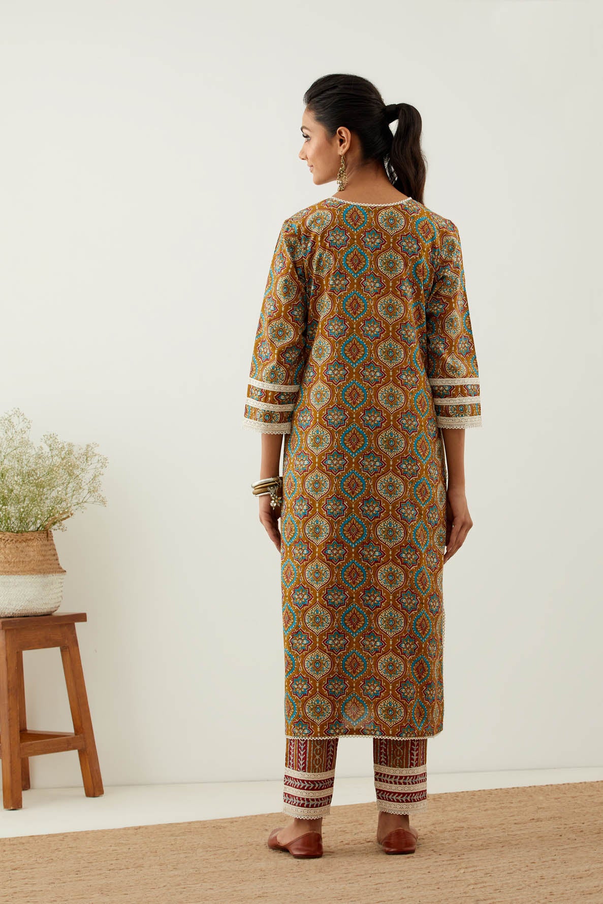 Mustard Cotton Printed Kurta with Pant (Set of 2)