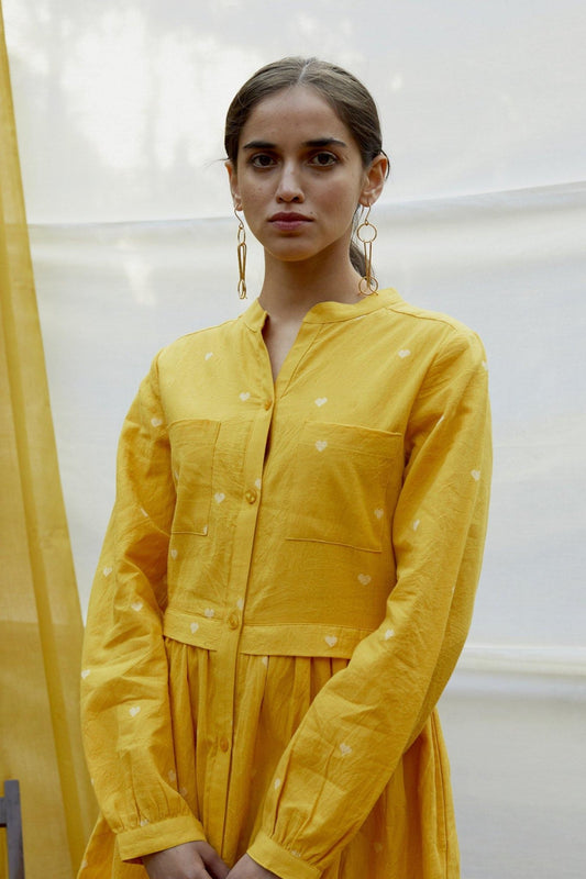 Yellow Cotton Dobby Shirt Dress - The Indian Cause