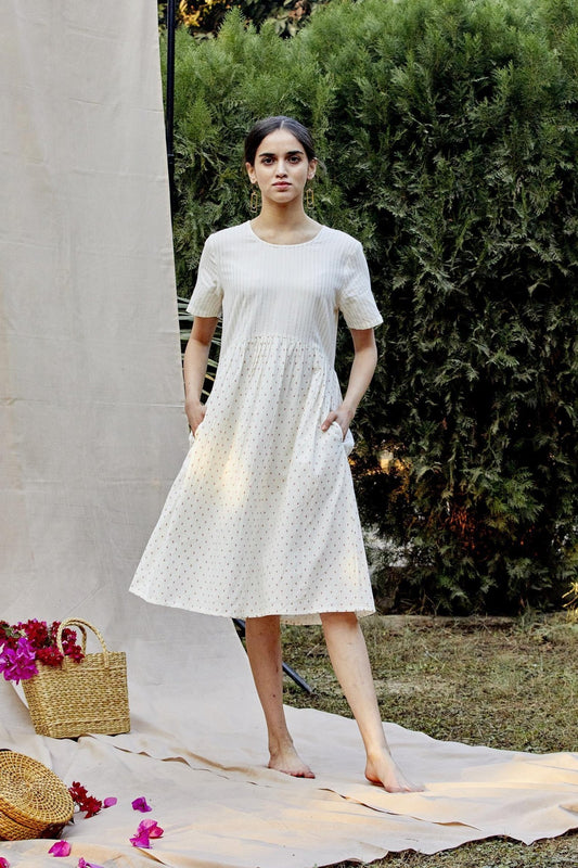 White Cotton Dobby Empire Dress With Zari Stripe - The Indian Cause