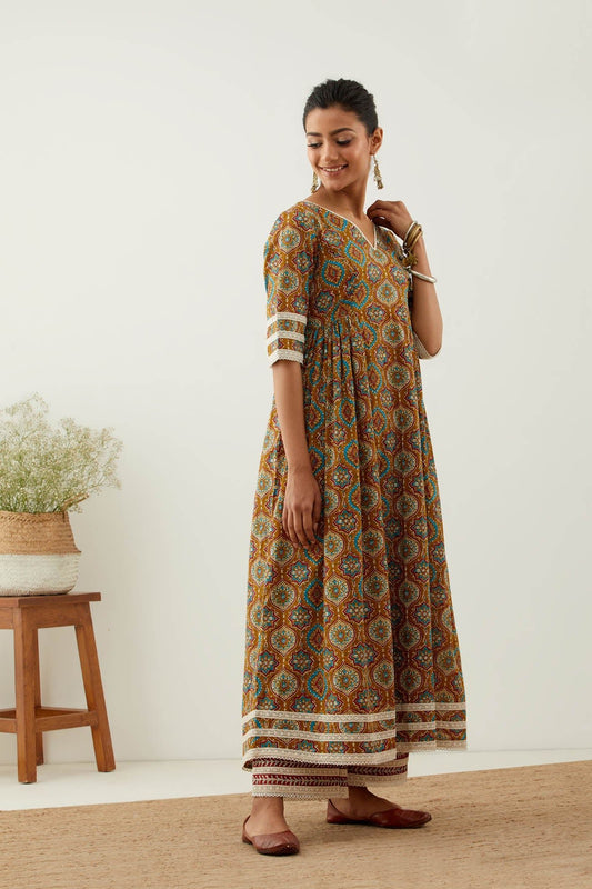 Mustard Cotton Printed Markab Anarkali Kurta - The Indian Cause