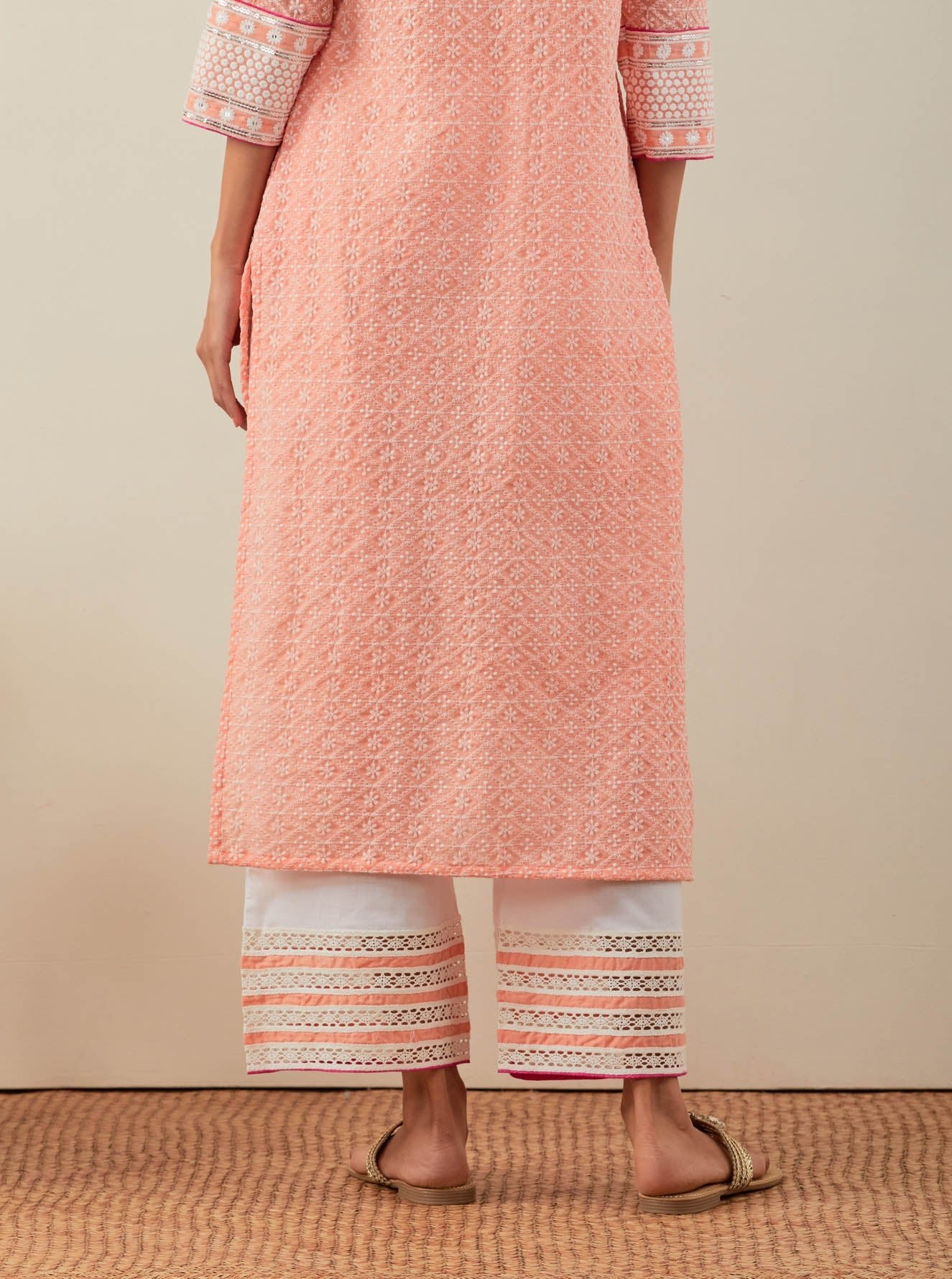 Peach Chikankari Rooh Straight Kurta and Palazzo with wide lace detail & Dupatta (Set of 3) - The Indian Cause