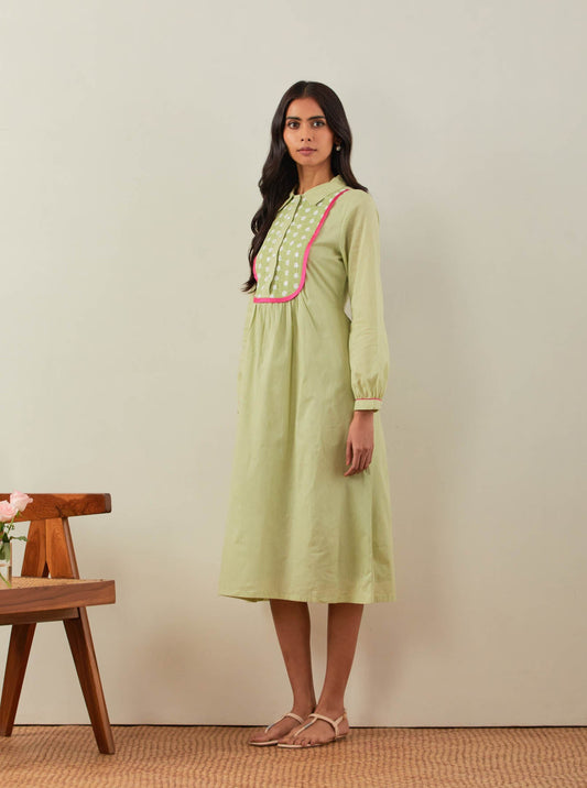 Green Plain Zaid Collared Long Dress With Chikankari Yoke - The Indian Cause