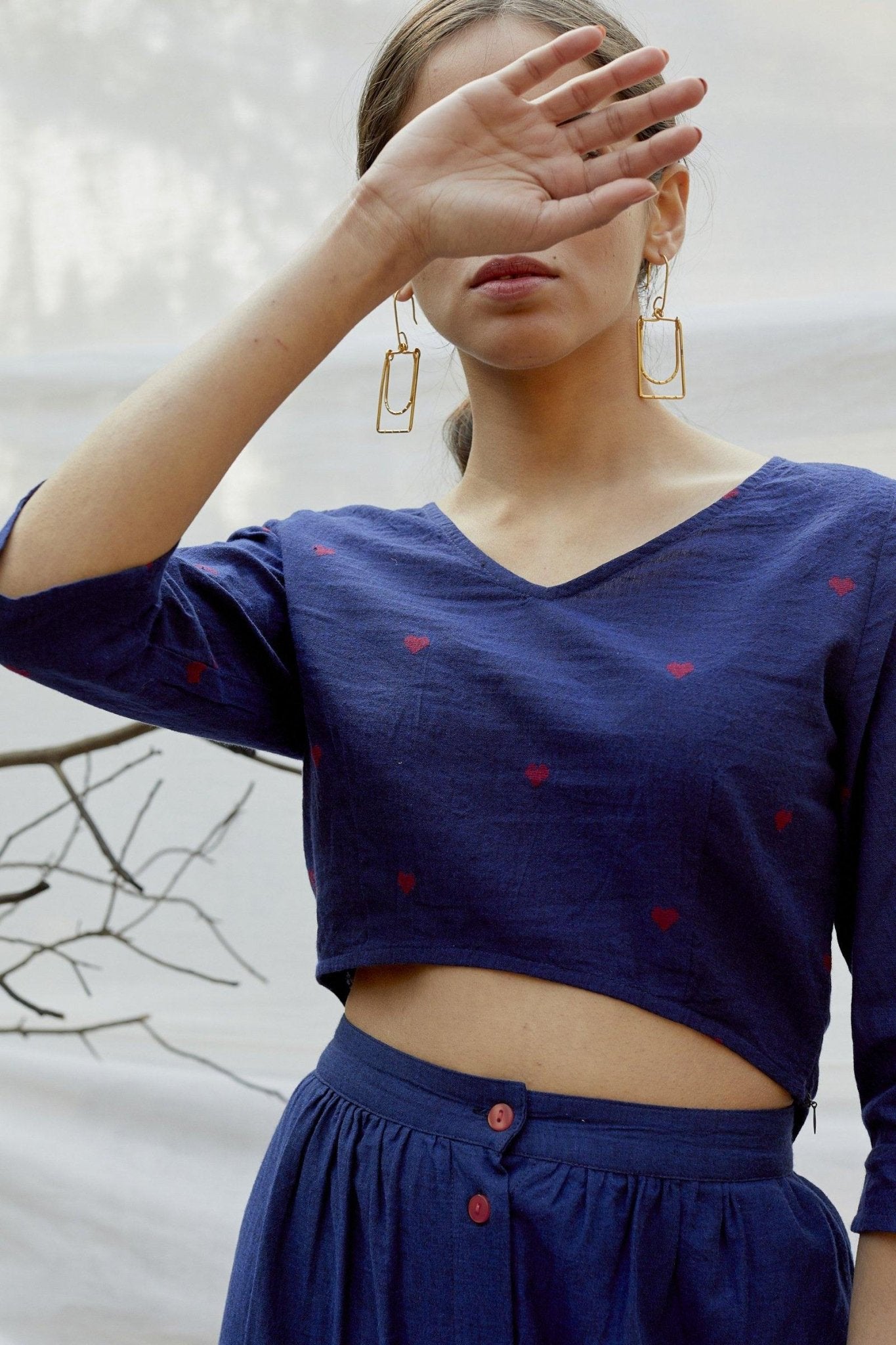 Blue Red Cotton Dobby High Low Crop Top - The Indian Cause