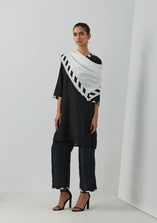 Black Chanderi Kali Short Kurta With Palazzo With Scarf (Set Of 3) - The Indian Cause