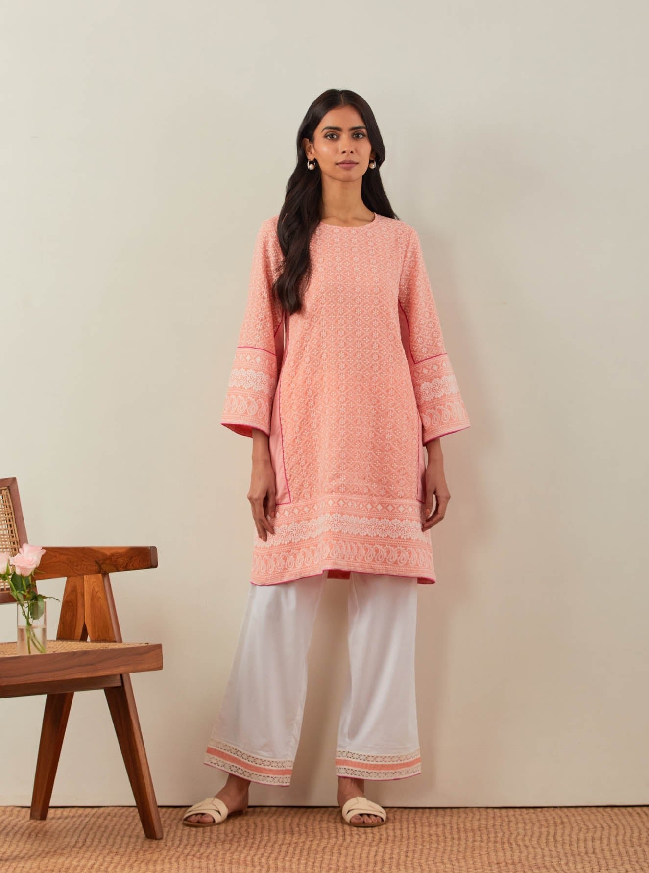 Peach Chikankari Pak Wide Arm Kurta and Palazzo with lace detail (Set of 2) - The Indian Cause