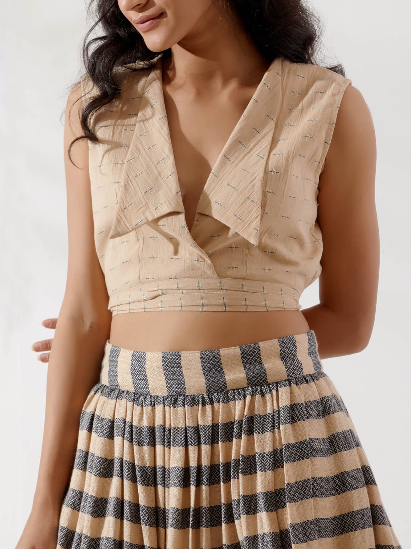Beige Dobby Collared Crop Top - The Indian Cause