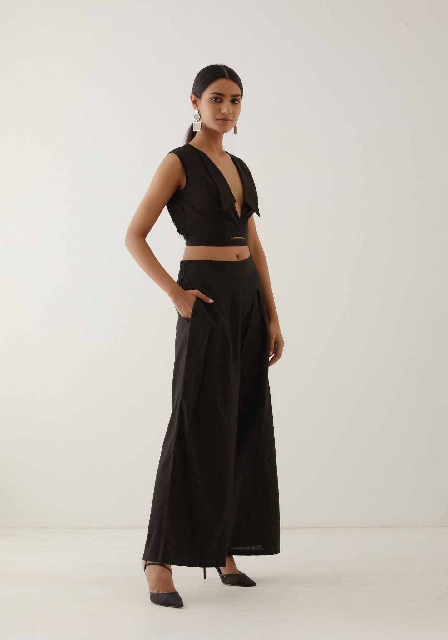 Black Collared Crop Top Co-Ord Set - The Indian Cause