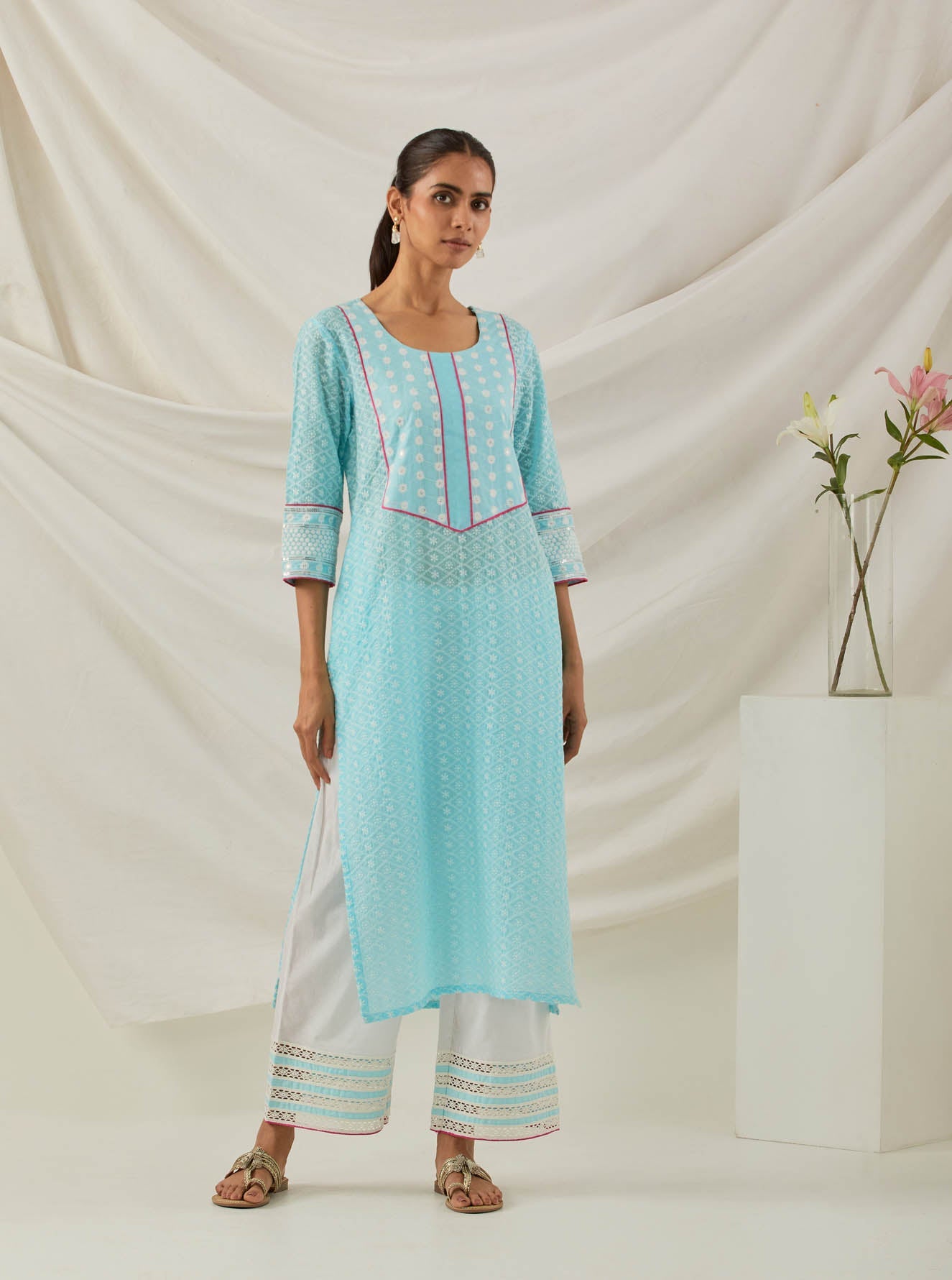 Blue Chikankari Rooh Straight Kurta and Palazzo with wide lace detail (Set of 2) - The Indian Cause