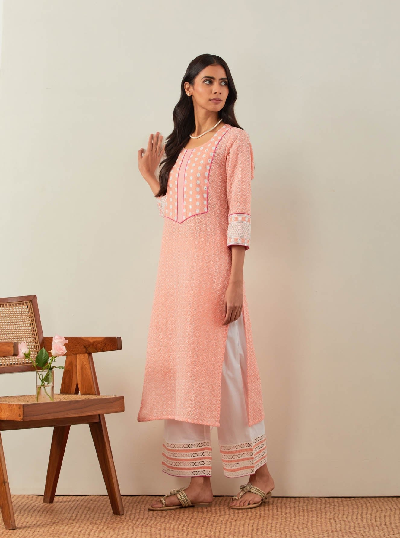 Peach Chikankari Rooh Straight Kurta and Palazzo with wide lace detail & Dupatta (Set of 3) - The Indian Cause