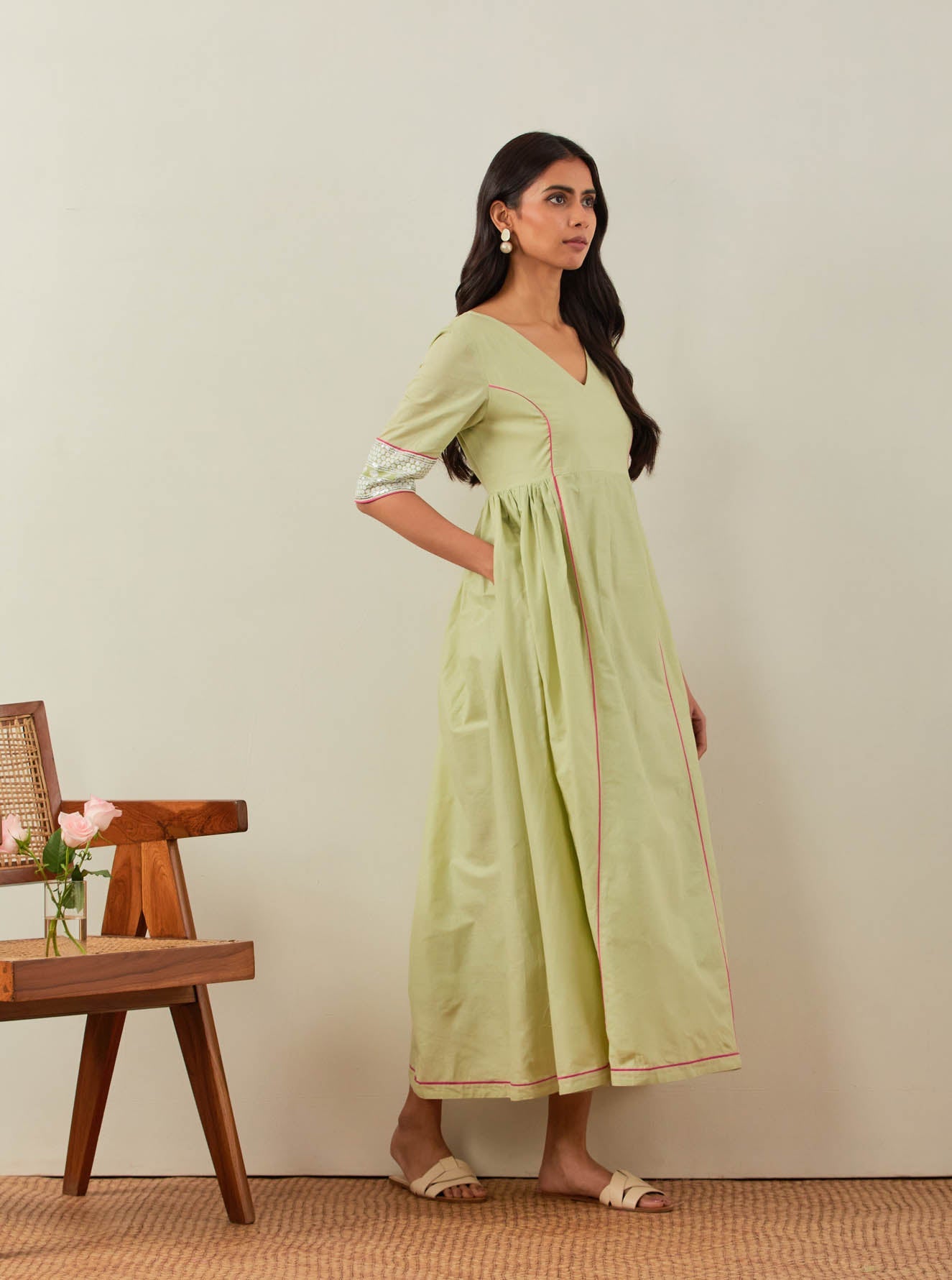 Green Plain Markab Anarkali Dress With Chikankari Border - The Indian Cause