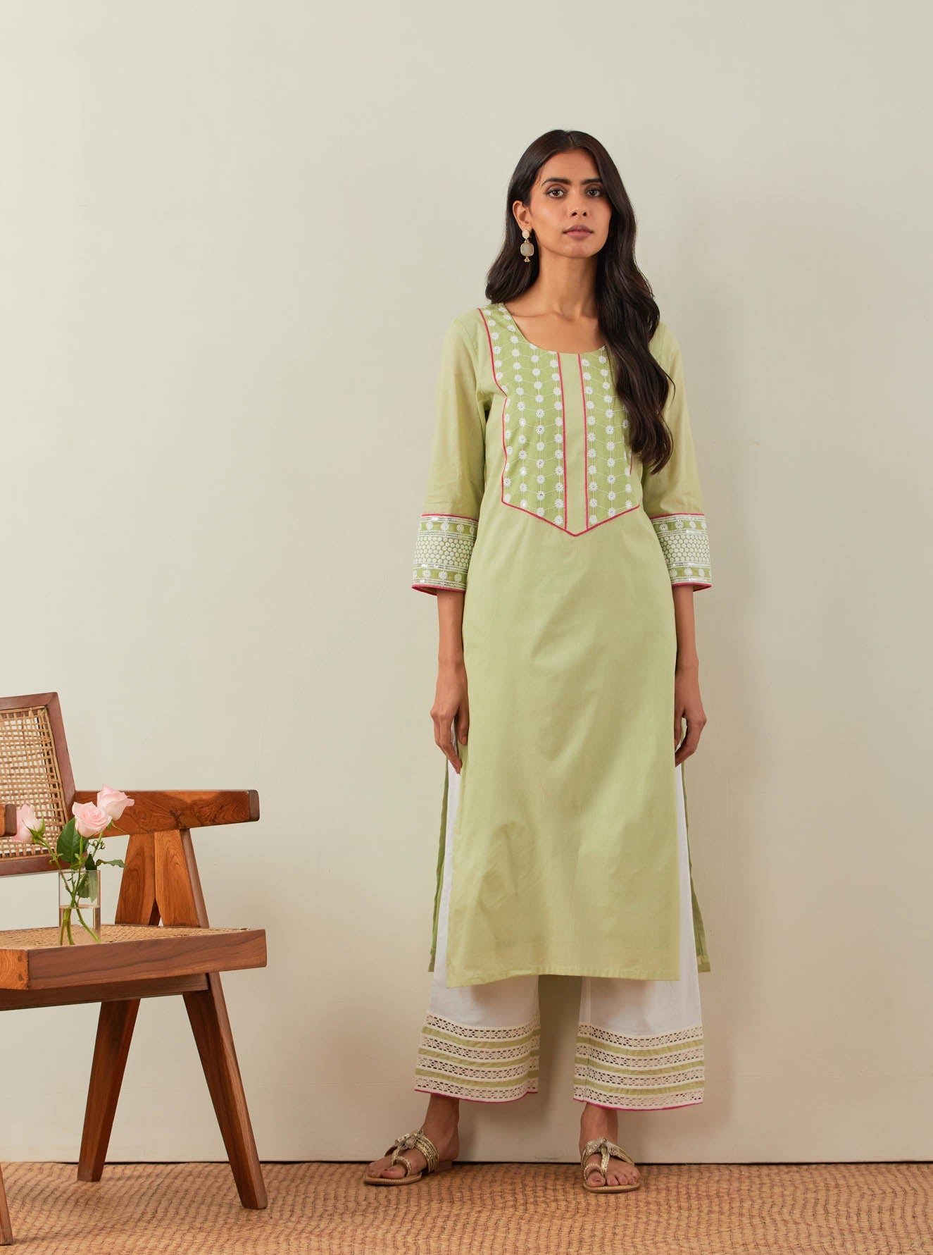 Green Plain Rooh Straight Kurta With Chikankari Yoke Details and Palazzo with wide lace detail (Set of 2) - The Indian Cause
