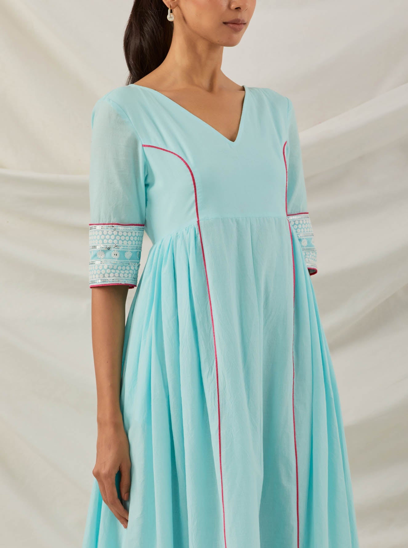 Blue Plain Markab Anarkali Kurta With Chikankari Border and Palazzo with lace detail (Set of 2) - The Indian Cause