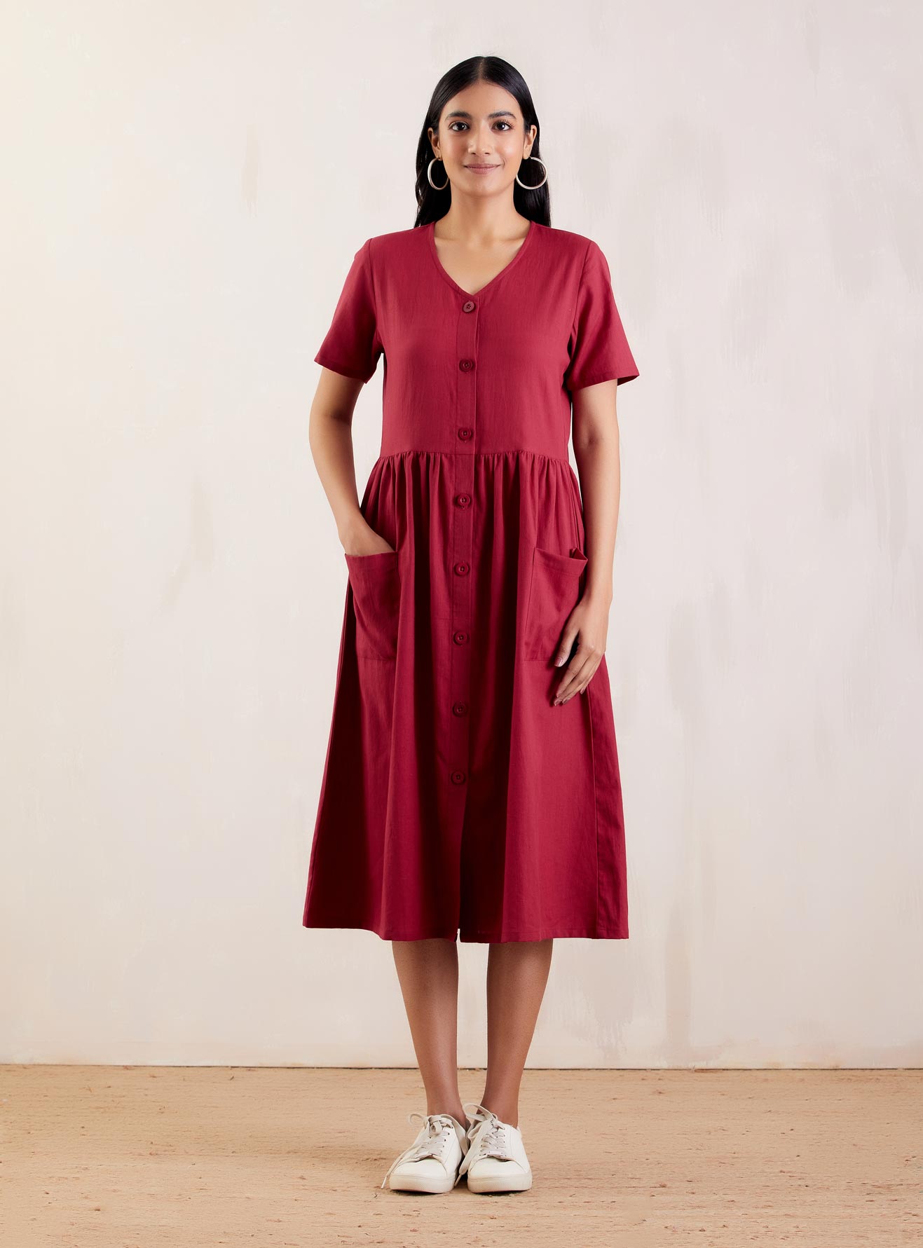 Red Cotton Long Shirt Dress - The Indian Cause