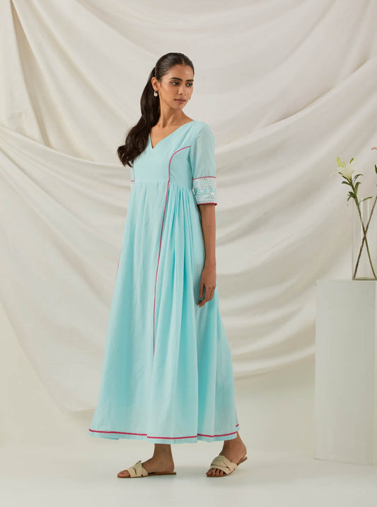 Blue Plain Markab Anarkali Dress With Chikankari Border - The Indian Cause
