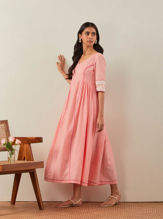 Peach Plain Markab Anarkali Dress With Chikankari Border - The Indian Cause