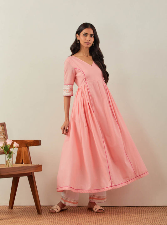 Peach Plain Markab Anarkali Kurta With Chikankari Border and Palazzo with lace detail (Set of 2) - The Indian Cause