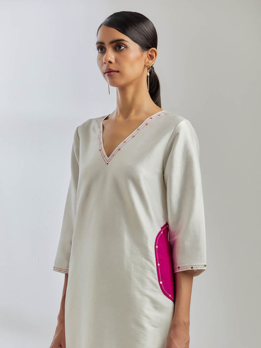 White Raw Silk Mira Kurta With White Palazzo (Set Of 2) - The Indian Cause