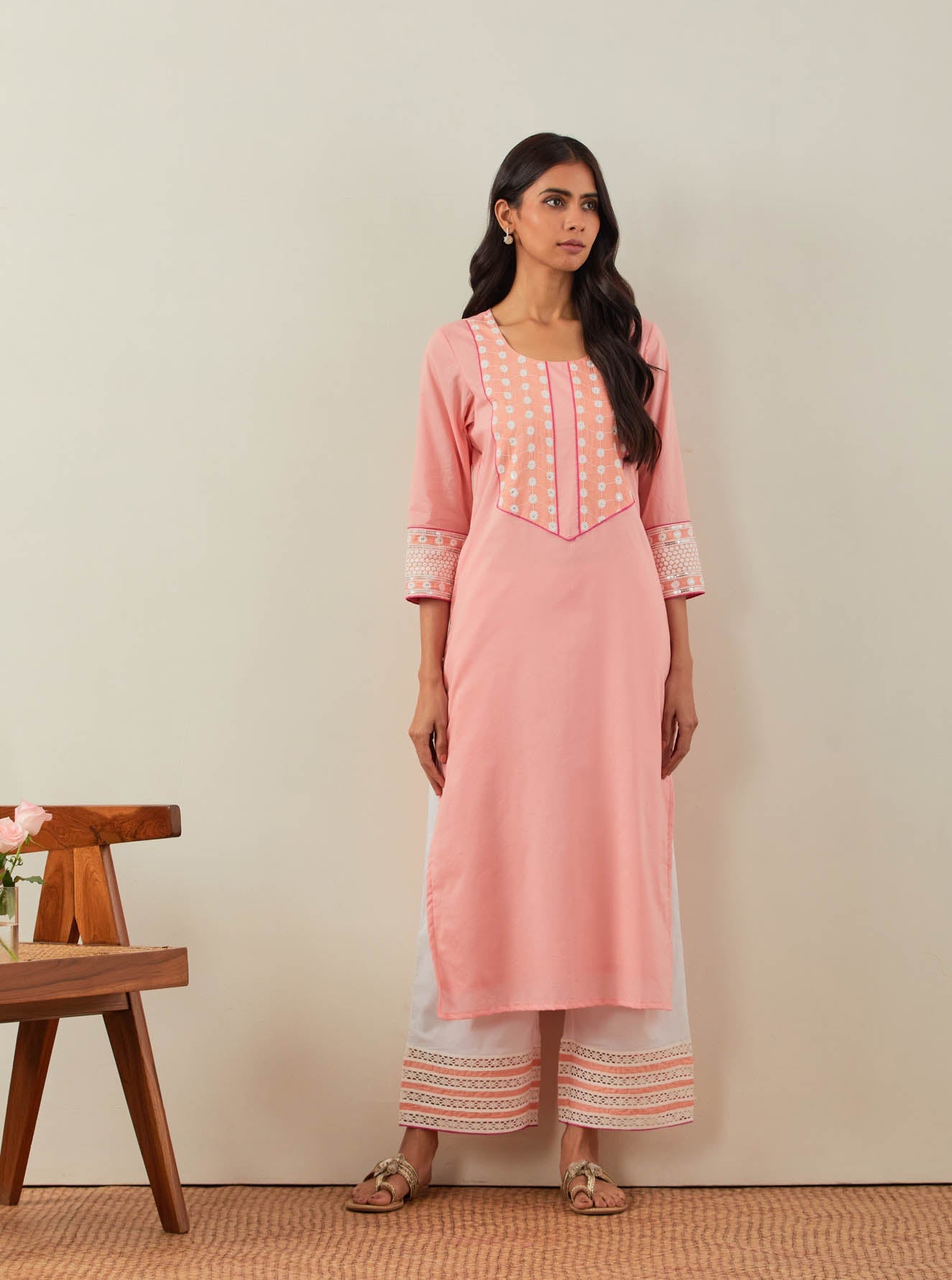 Peach Plain Rooh Straight Kurta With Chikankari Yoke Details and Palazzo with wide lace detail & Dupatta (Set of 3) - The Indian Cause
