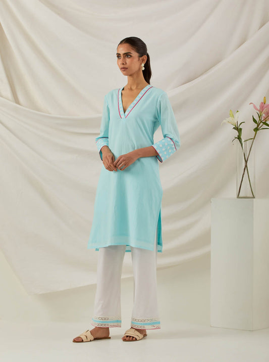Blue Plain Kali Short Kurta With Chikankari Detail and Palazzo with lace detail (Set of 2) - The Indian Cause
