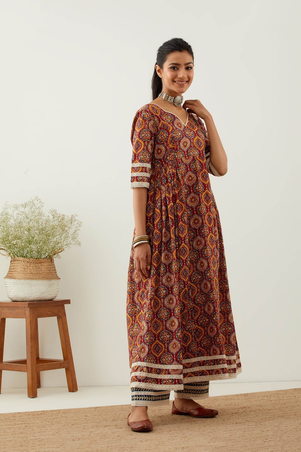 Red Cotton Printed Markab Anarkali Kurta Set (Set of 3) - The Indian Cause