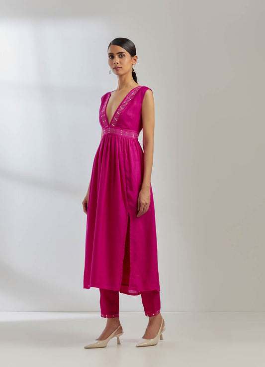 Pink Silk Sirgus Kurta With Pink Pant (Set Of 2) - The Indian Cause