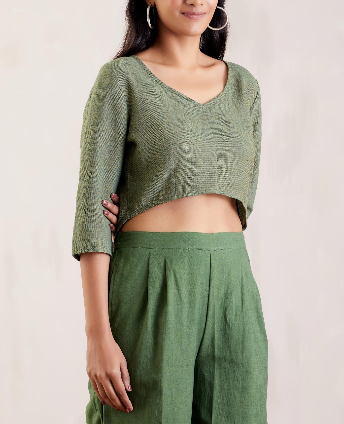 Textured Green Cotton Crop Top Co-Ord Set - The Indian Cause