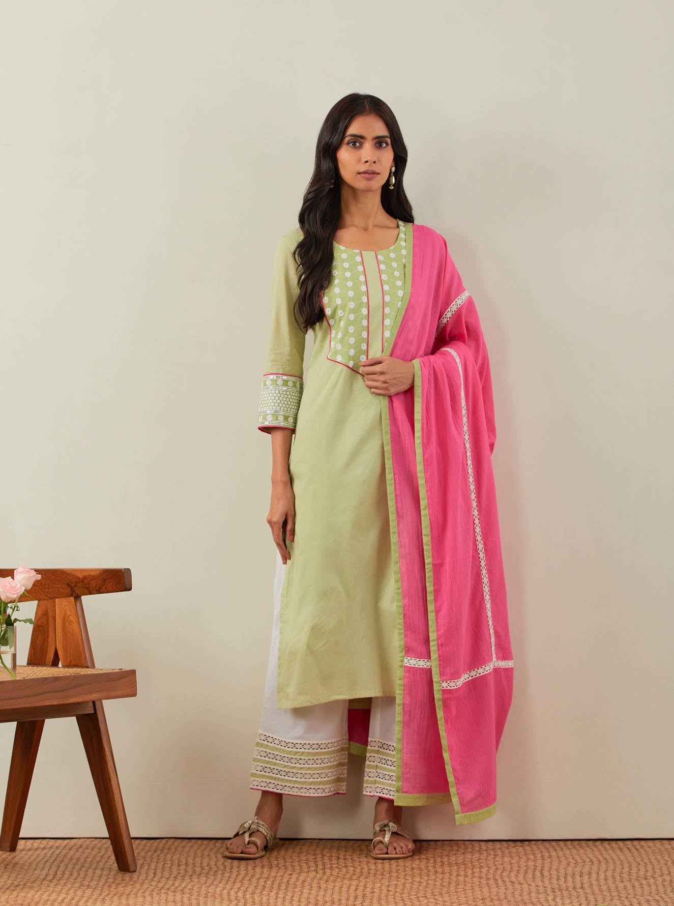 Green Plain Rooh Straight Kurta With Chikankari Yoke Details and Palazzo with wide lace detail & Dupatta (Set of 3) - The Indian Cause