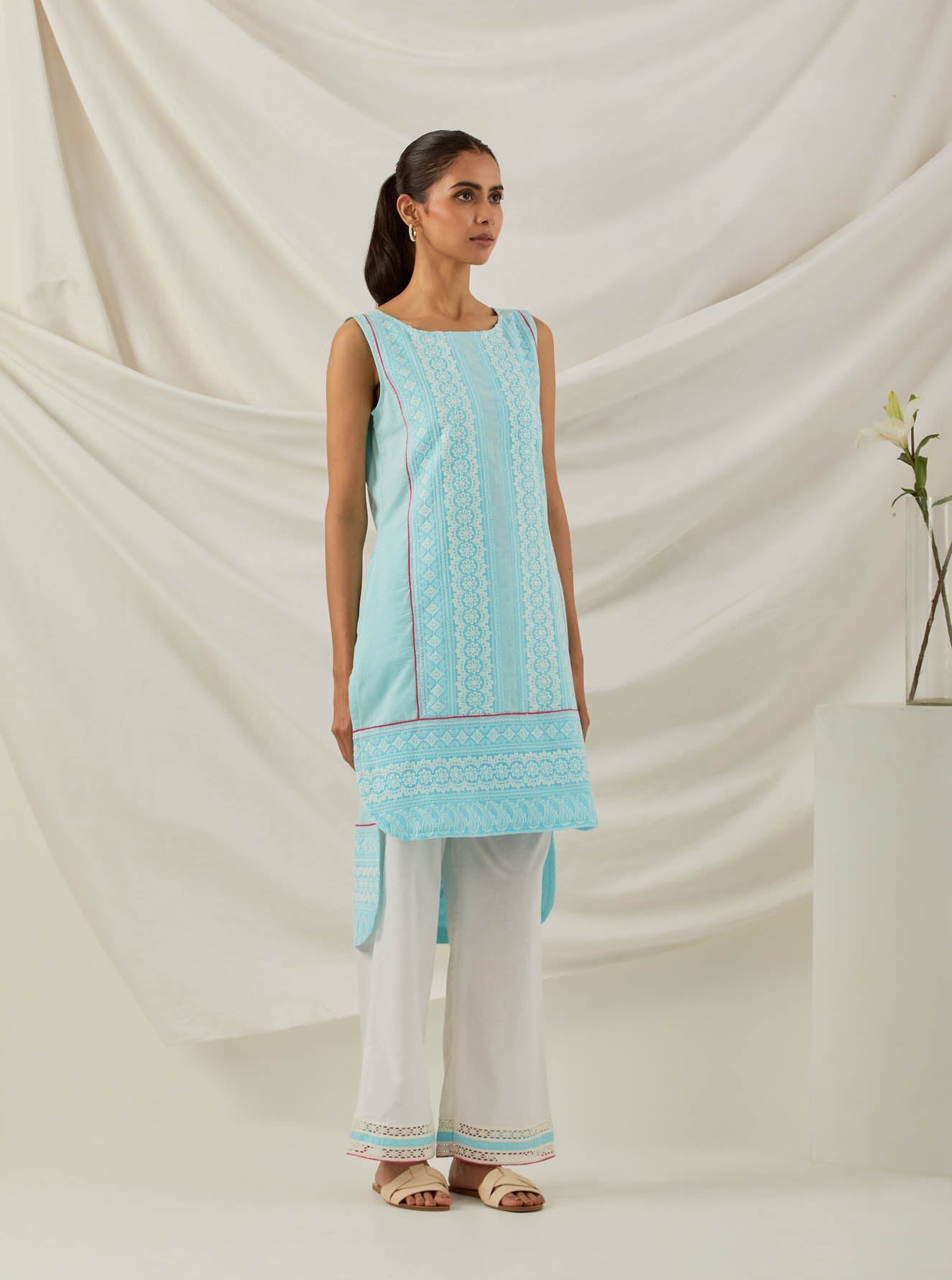 Blue Chikankari Afroza High Low Kurta and Palazzo with lace detail (Set of 2) - The Indian Cause