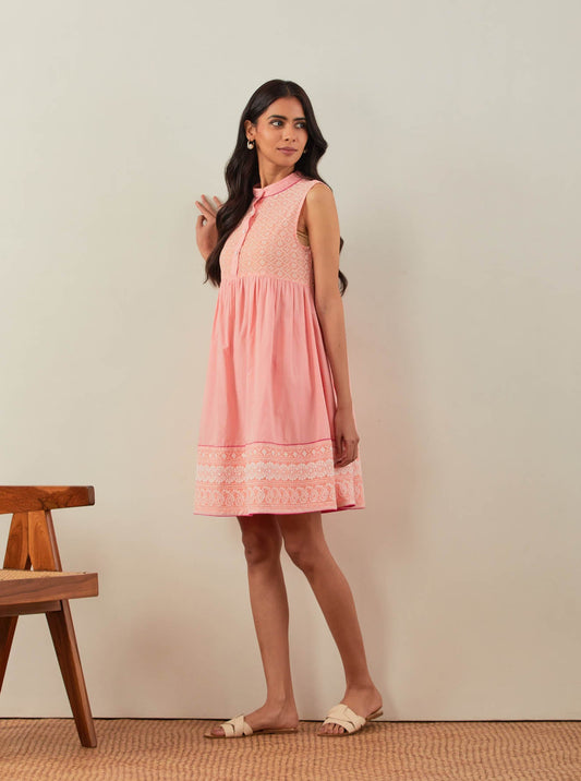 Peach Amore Placket Short Dress With Chikankari Detail - The Indian Cause